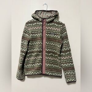 Colombia Sherpa Zip Up Hooded Jacket Girls L 14/16 Geometric Pattern Pink Green